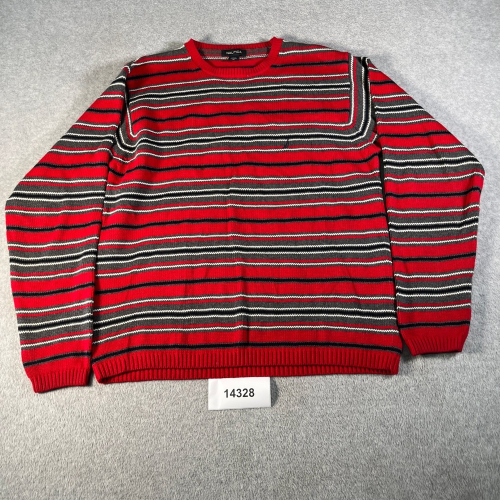 Nautica Sweater Mens Medium Red Excellent Striped Cotton Crewneck 14328